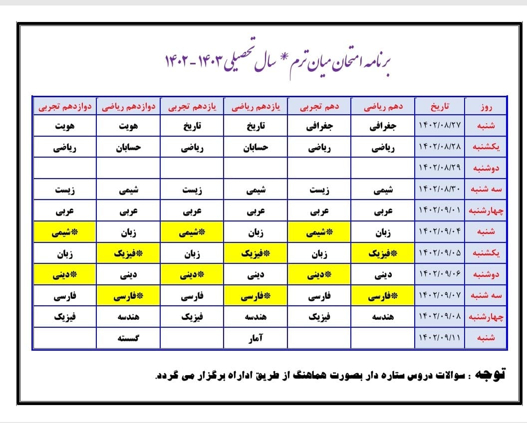 برنامه امتحانات شبه نهایی اذرماه رشته تجربی و ریاضی کلیه پایه ها